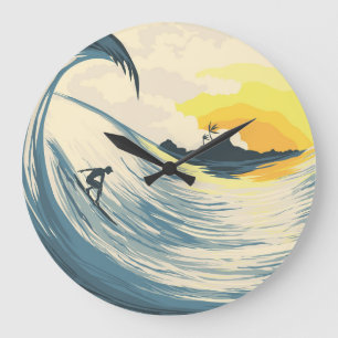 Tropical island, wave, surfer sunset. large clock