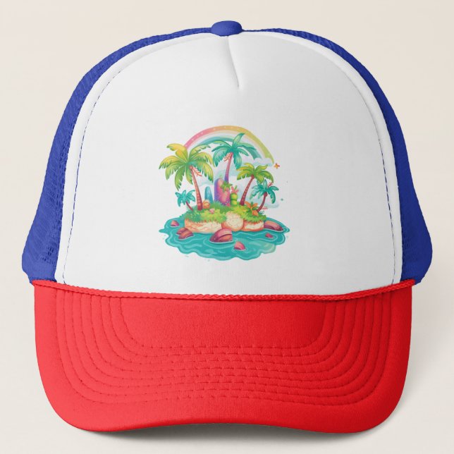 Tropical Island with Palm Trees and Rainbow Trucker Hat (Front)