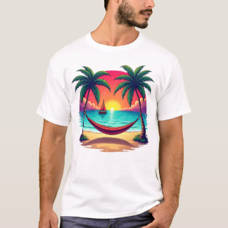 Tropical Island with sunset Travel Illustration T-Shirt