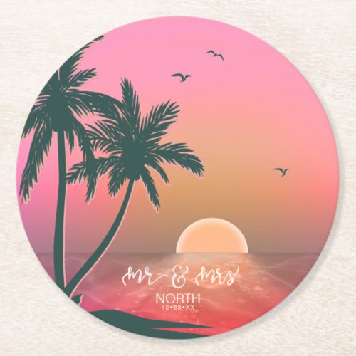 Tropical Isle Sunrise Mr  Mrs Pink ID581 Round Paper Coaster