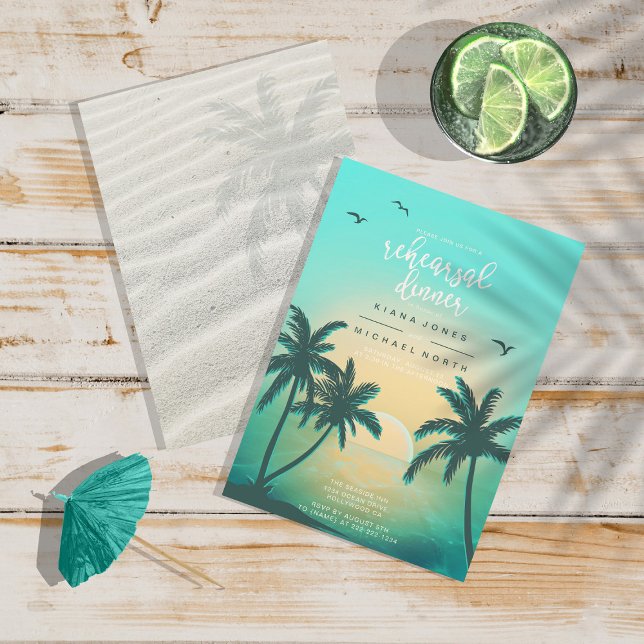 Tropical Isle Sunrise Rehearsal Dinner Teal ID581 Invitation (Front/Back In Situ)