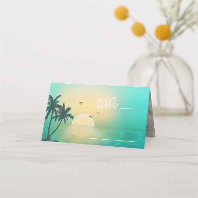 Tropical Isle Sunrise Wedding Table Teal ID581 Place Card (Front)