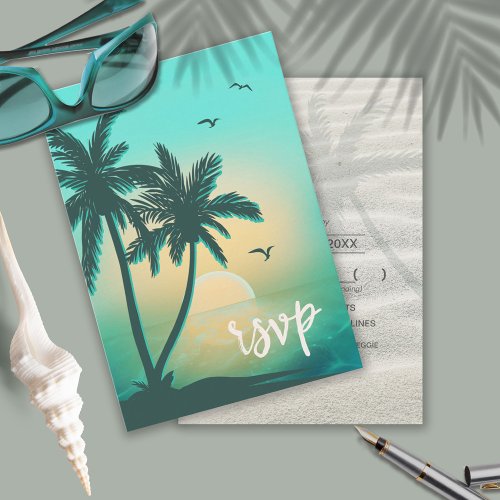 Tropical Isle Sunrise Wedding Teal ID581 RSVP Card