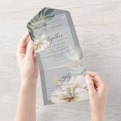 Tropical Ivory Yellow Hibiscus Foliage Wedding All In One Invitation