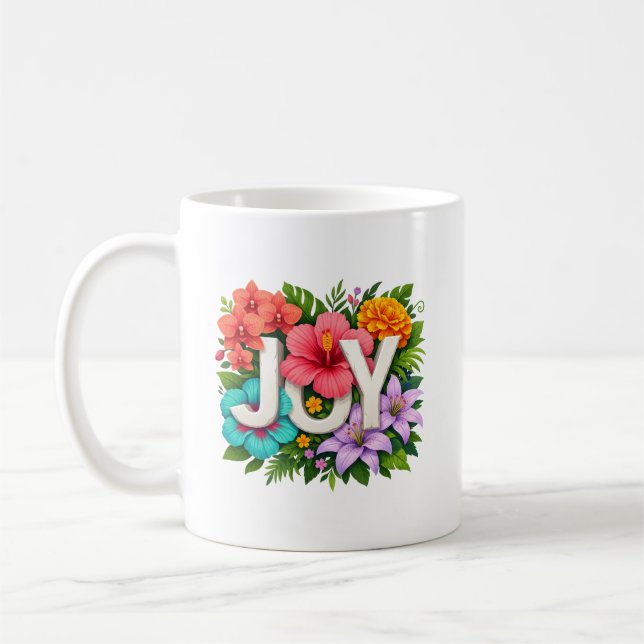 Tropical JOY - Floral Summer Hibiscus Typography Coffee Mug (Left)