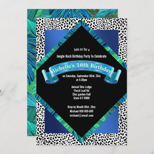 Tropical jungle animal print floral leaf birthday invitation