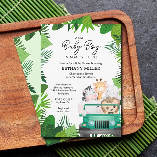 Tropical Jungle Animal Safari Boy Baby Shower Invitation