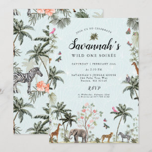 Tropical Jungle Animals Girl Wild One Birthday Invitation