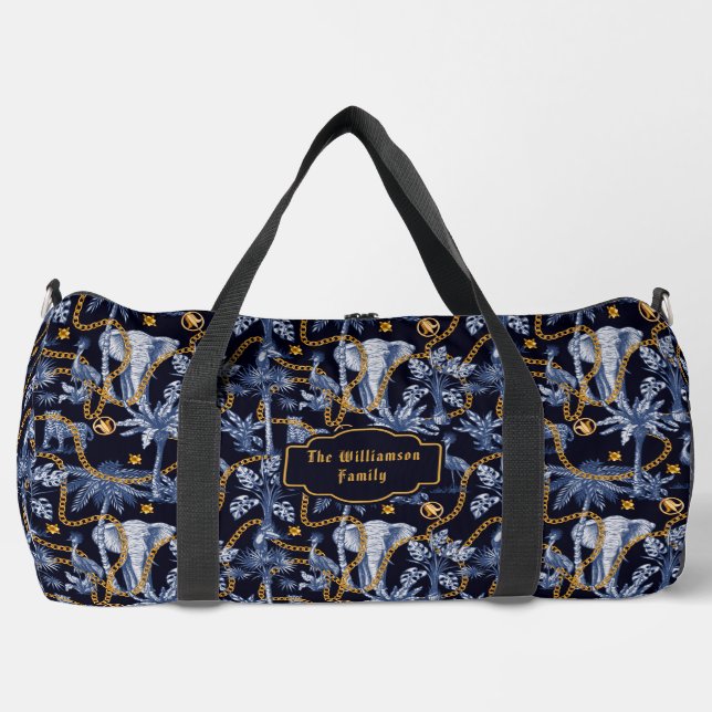 Tropical Jungle Animals Gold Chains Luxury Travel Duffle Bag (Front)