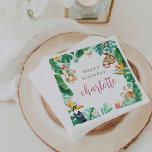 Tropical Jungle Animals Kids Birthday Party Napkins<br><div class="desc">Set the scene for your child's summery tropical jungle themed birthday party with these colorful personalized paper napkins. Island chic design features monstera leaves and green watercolor foliage with monkeys, a sloth, a hummingbird and a parrot. Colorful tropical floral accents complete the design. Personalize with your child's name in vibrant...</div>