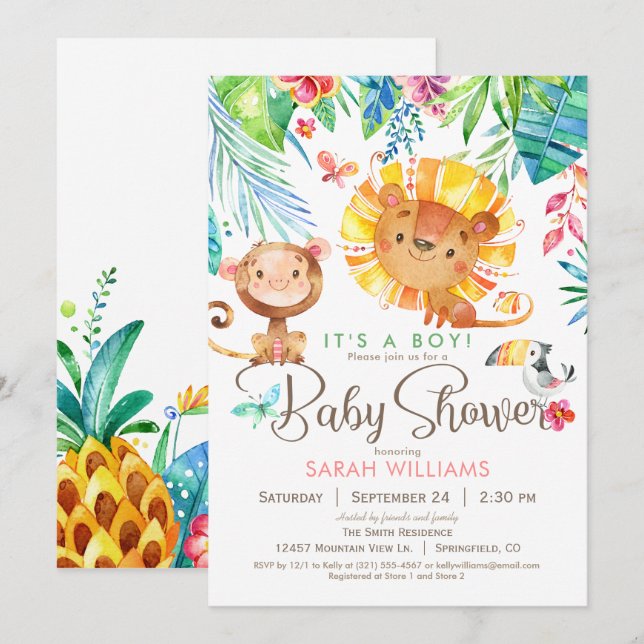 Tropical Jungle Baby Shower, Boy or Girl Invitation (Front/Back)