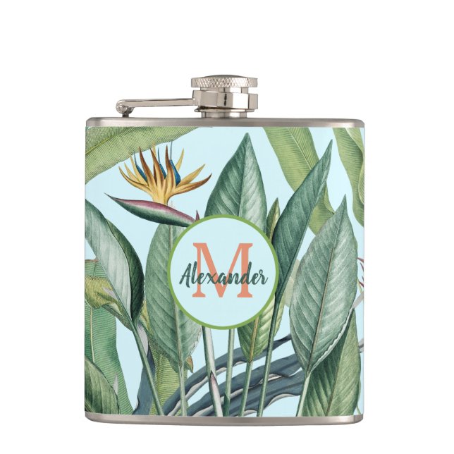 Tropical Jungle Banana Tree Strelitzia Monogram Flask (Front)