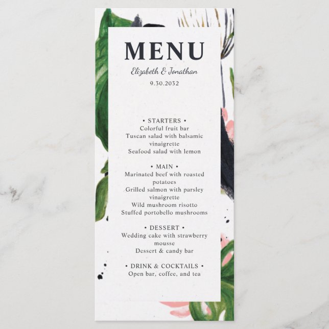 Tropical jungle botanical elegant trendy wedding menu (Front)