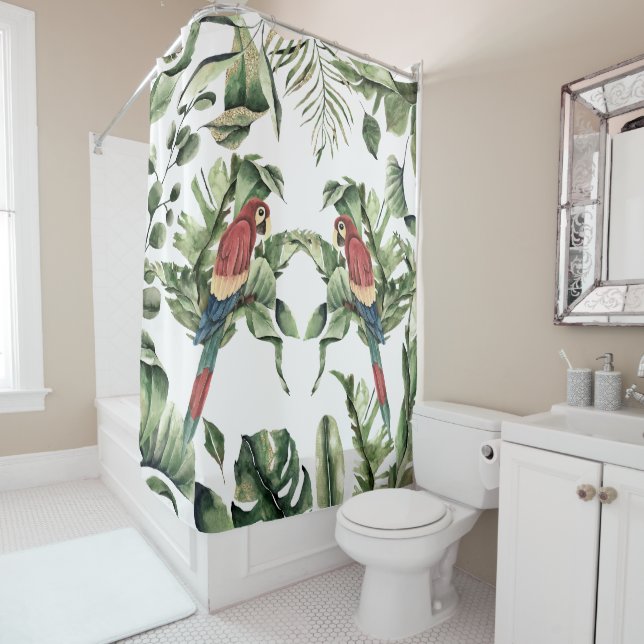 Tropical Jungle Botanical Macaw Parrot Bird Shower Curtain (In Situ)