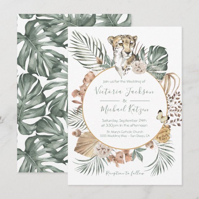 Tropical Jungle Cheetah Palm Wreath Wedding Invitation (Front/Back)