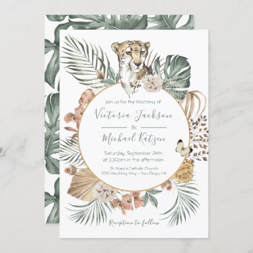 Tropical Jungle Cheetah Palm Wreath Wedding Invitation