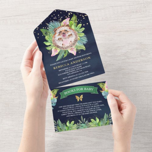 Tropical Jungle Cute Hedgehog Navy Baby Shower All In One Invitation