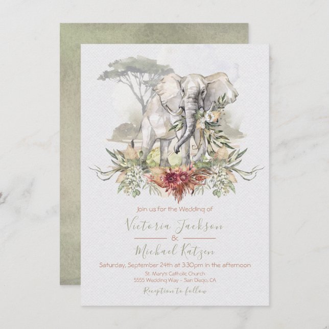 Tropical Jungle Elephant Wedding invitations (Front/Back)