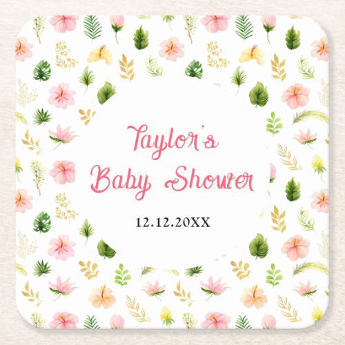 Tropical Jungle Floral Baby Shower Square Paper Coaster