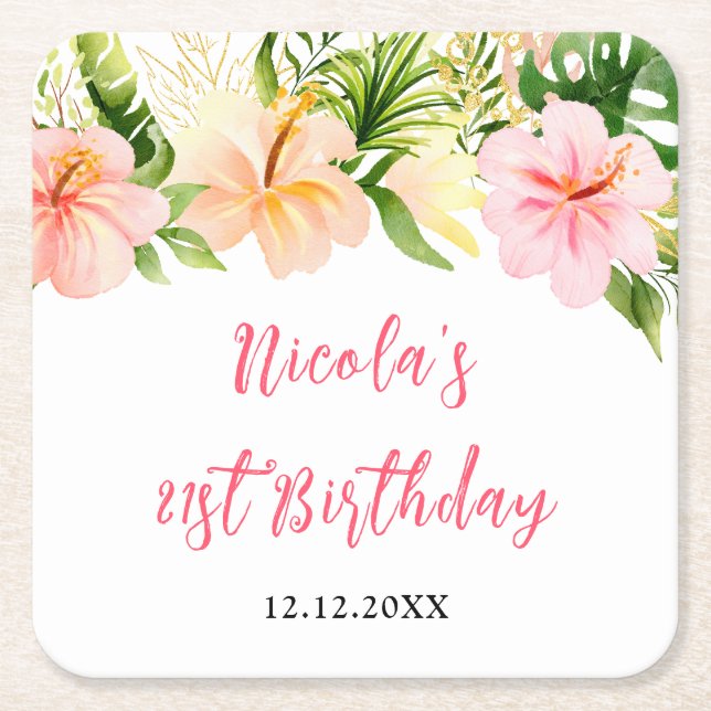 Tropical Jungle Floral Birthday Square Paper Coaster (Front)