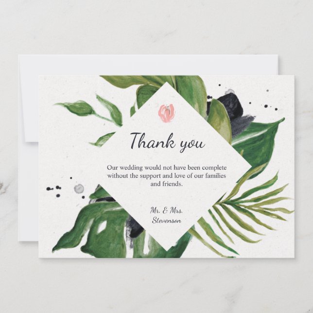 Tropical jungle floral exotic chic wedding photo thank you card (Front)