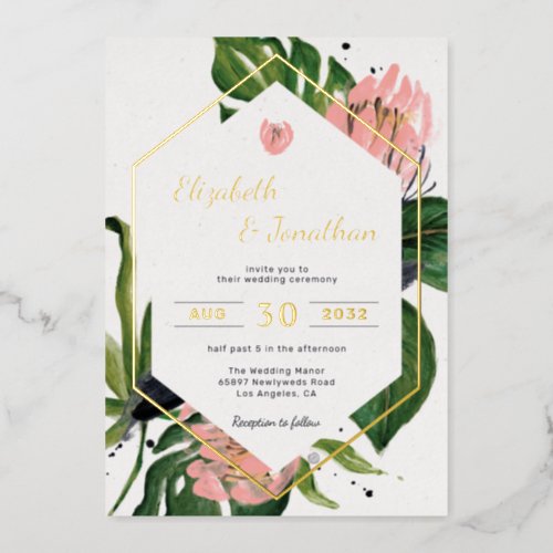 Tropical jungle floral modern pink flower  leaves foil invitation