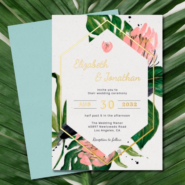 Tropical jungle floral modern pink flower & leaves foil invitation (Creator Uploaded)