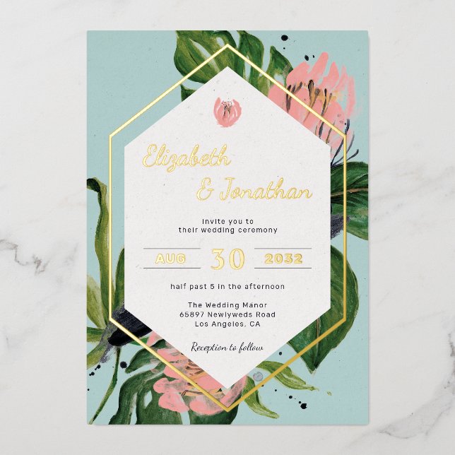 Tropical jungle floral modern pink flower & leaves foil invitation (Front)