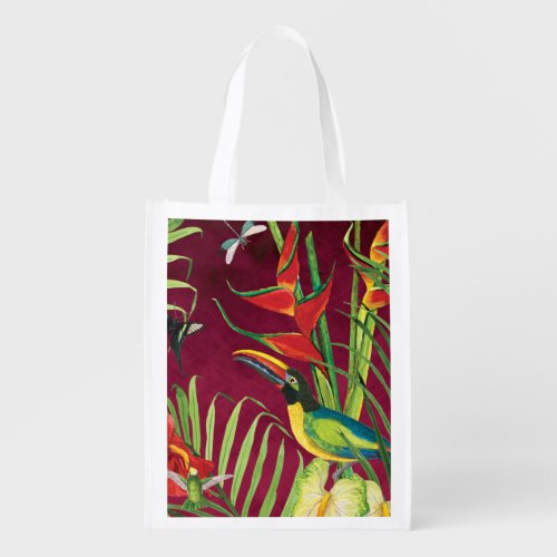 Tropical Jungle Floral Toucan Bird Watercolor Palm Grocery Bag
