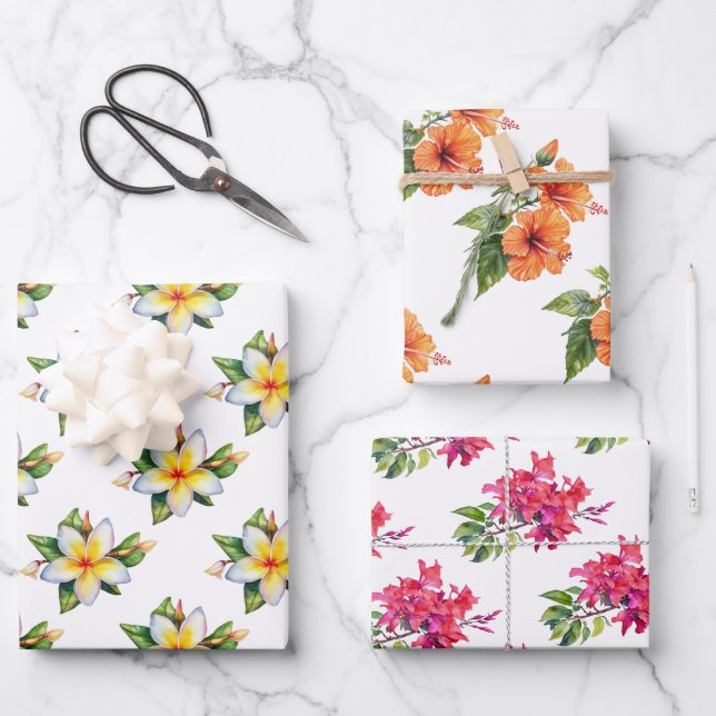 Tropical jungle flowers hibiscus frangipani  wrapping paper sheets (Front)