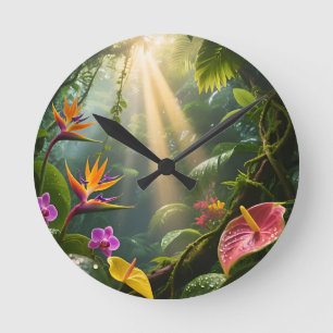 Tropical Jungle Flowers Round Clock