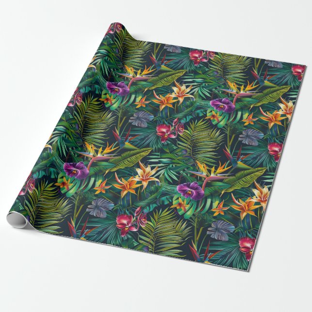 Tropical Jungle Flowers Wrapping Paper (Unrolled)
