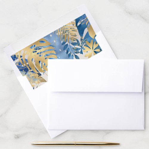 Tropical Jungle Foliage Pattern Blue Gold Ecru Envelope Liner