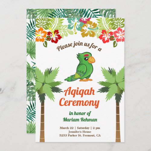 Tropical Jungle Forest Baby Parrot Aqiqah Invitation