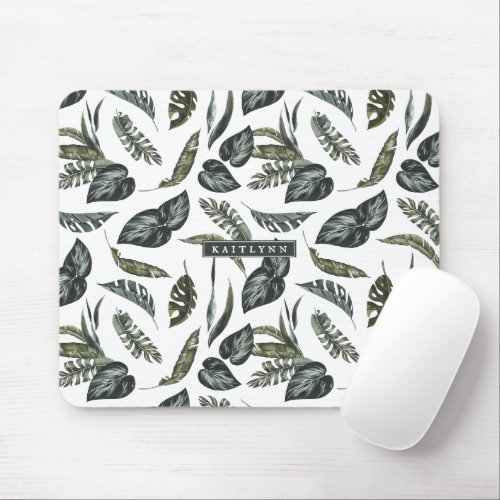 Tropical Jungle Greenery Pattern Monogram Mouse Pad