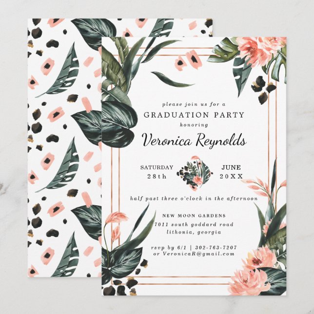 Tropical Jungle Greenery | Pink Floral Graduation Invitation (Front/Back)