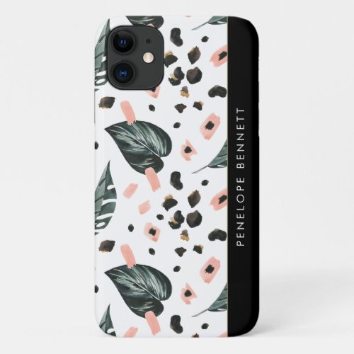 Tropical Jungle Greenery  Pink Leopard Monogram iPhone 11 Case