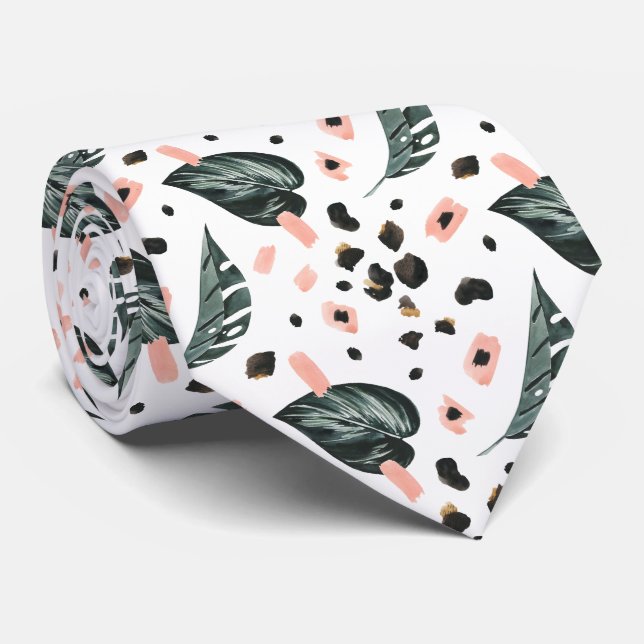 Tropical Jungle Greenery | Pink Leopard Monogram Neck Tie (Rolled)