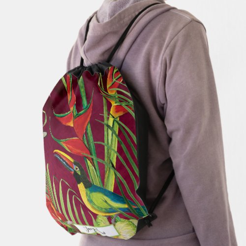 Tropical Jungle Greenery Toucan Floral Watercolor  Drawstring Bag