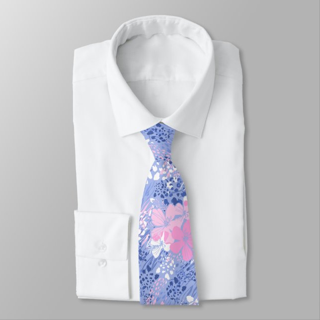 Tropical Jungle Hibiscus Animal Print -Periwinkle Neck Tie (Tied)