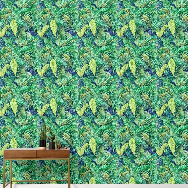 Tropical jungle island foliage greenery pattern wallpaper  (Hallway)