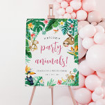 Tropical Jungle Kids Birthday Party Welcome Sign<br><div class="desc">Welcome guests to your child's summery tropical jungle themed birthday party with this colorful personalized sign. Island chic design features monstera leaves and green watercolor foliage with monkeys, a sloth, a hummingbird and a parrot. Colorful tropical floral accents complete the design. "Welcome Party Animals!" appears in vibrant pink script lettering....</div>