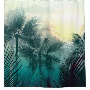 Tropical jungle landscape with palm trees and leaf shower curtain