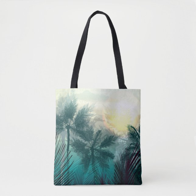 Tropical jungle landscape with palm trees and leaf tote bag (Front)