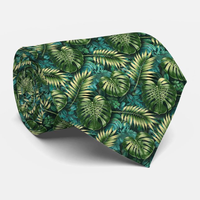 Tropical Jungle Leaf Pattern Neck Tie (Rolled)