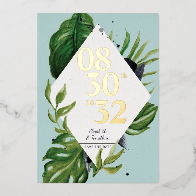 Tropical jungle leafage modern blue save the date foil invitation (Front)
