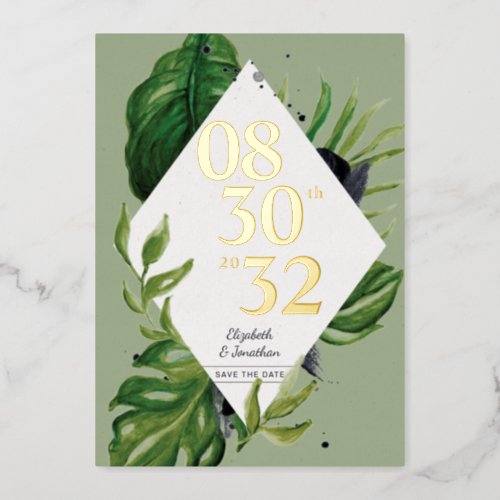 Tropical jungle leafage modern green save the date foil invitation