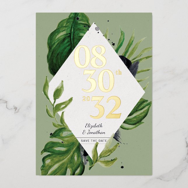 Tropical jungle leafage modern green save the date foil invitation (Front)