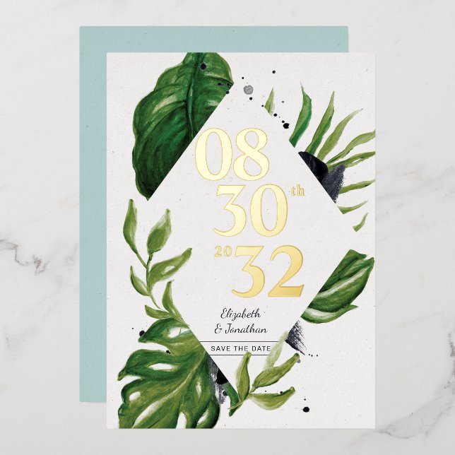Tropical jungle leafage modern white save the date foil invitation (Front/Back)