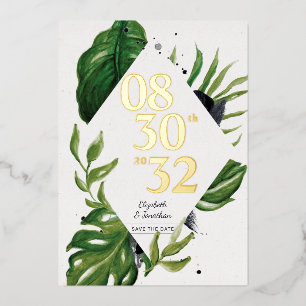 Tropical jungle leafage modern white save the date foil invitation